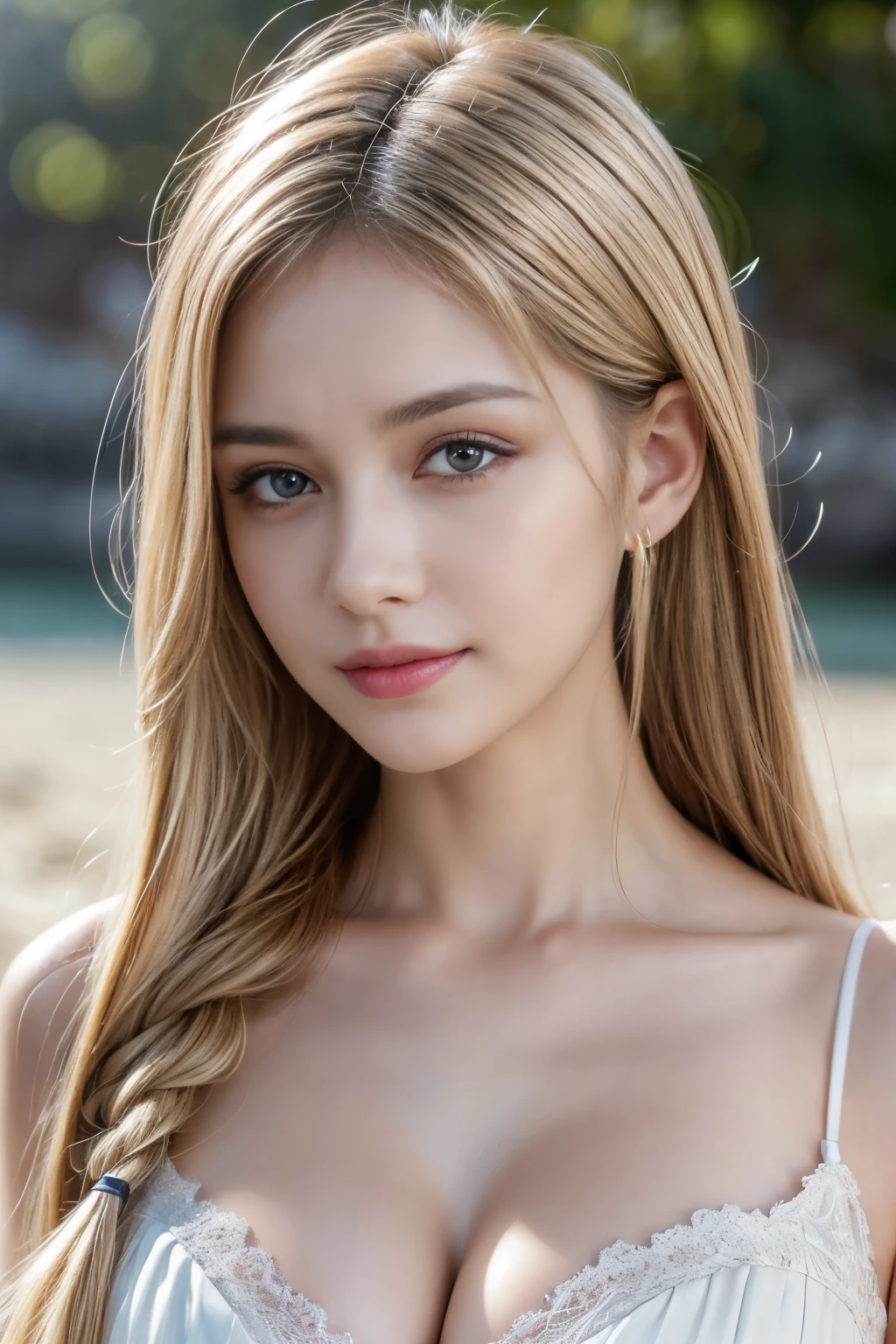 Full Length Image, Masterpiece, Best Quality, RAW Color Photo, Photorealsitic, Beautiful Girl, Cute, Narrow Eyes, Hairstyle Arrangement, Depth of Field, Ultra High Resolution, (Realistic and Photorealistic: 1.37), High Resolution RAW Color Photo, Fine, Very Detailed, Very Detailed Eyes and Face, Sharp Pupils realistic pupils, sharp focus, cinematic lighting, coarse hair, blonde hair, clean clothes, close-up of face, masterpiece, realistic skin texture, super fine, shiny hair and skin against a background of colorful flowers on the beach in New Caledonia, top quality, real, ultra fine, delicate, high resolution, 8K Wallpaper, One beautiful woman, blond braids, large cleavage visible, thinning hair, fine and realistic skin texture, fine and beautiful, realistic skin texture, smiling, dynamic angles, full body shot, elegant, model body shape, top quality, realistic, ultra fine, delicate, high resolution, high resolution 8K wallpaper, One beautiful woman, light brown messy hair, wearing a stylish shirt with large cleavage visible, sharp focus, perfect dynamic composition, delicate and beautiful eyes, thinning hair, fine and realistic skin texture, fine, perfect dynamic composition,. Beautiful, Detailed Eyes, Pale Hair, Delicate Realistic Skin Texture, Smiling, Close-Up Portrait, Model's Body Shape, Cleavage, Poetic Shot, Glare and Shadows, Aestheticism, Melancholic Film