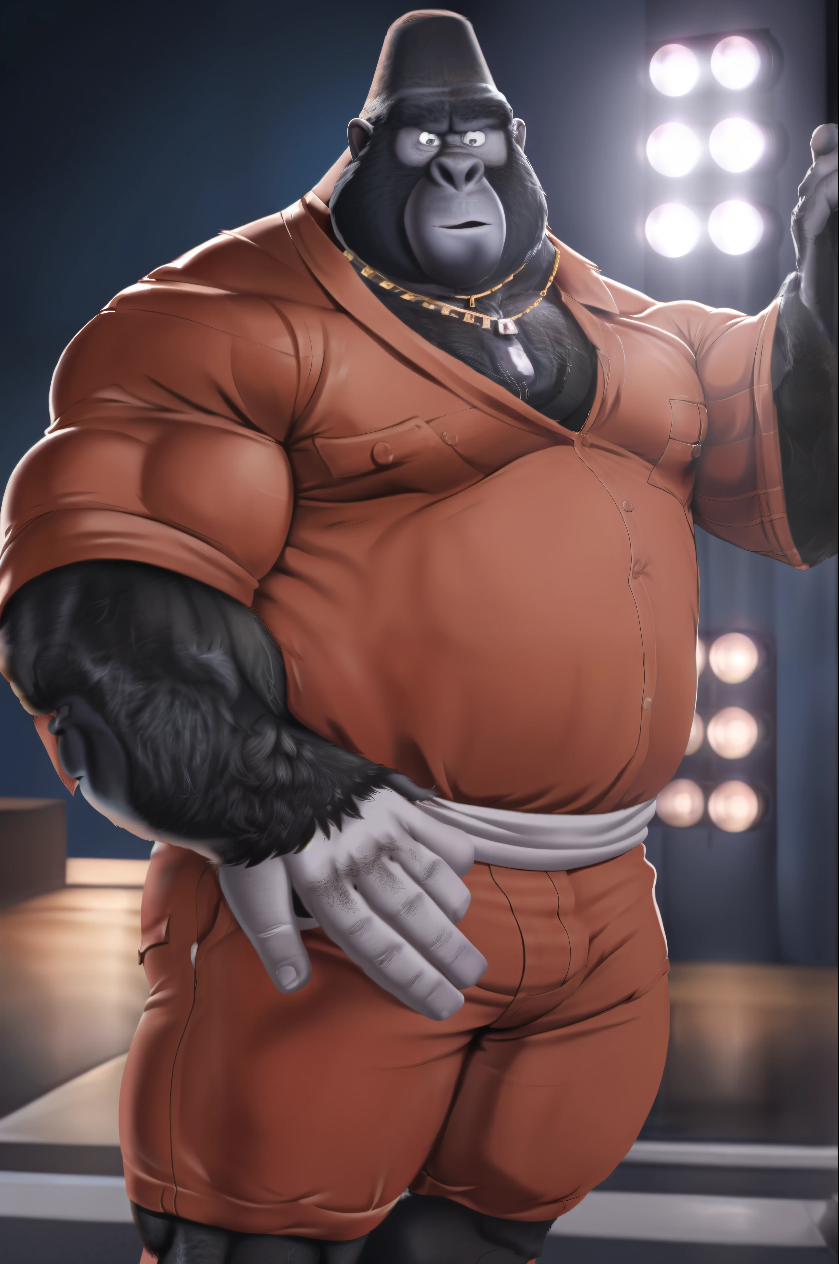 Big Dad(Cantar), bara, macho maduro, gorilla, sonrisa, (Pose:1.3), (poCantar:1.3), (Sombreado suave), 4k, nada, Cinco dedos, detallado hands, ((detallado face, (detallado eyes:1.0), detallado)), (cuerpo completo), por zackarry911, por zaush, (by personalami:0.5), musculatura detallada, musculos expansivos, gimnasio, Camiseta sin mangas, Bermudas, joyas, anillo, tom tanque blanco