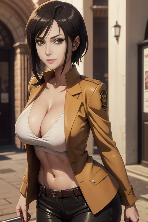 1girl, solo, sexy guards woman, in a medieval guard uniform posing, guard coat, guard trousers, seductive brunette anime girl, attractive anime girl, thicc, sultry smirk, extremely detailed artgerm, teasing smile, anime moe artstyle, anime girls, anime girl, (anime girl), anime best girl, beautiful alluring anime woman, ecchi anime style, anime waifu, an anime girl, On town square