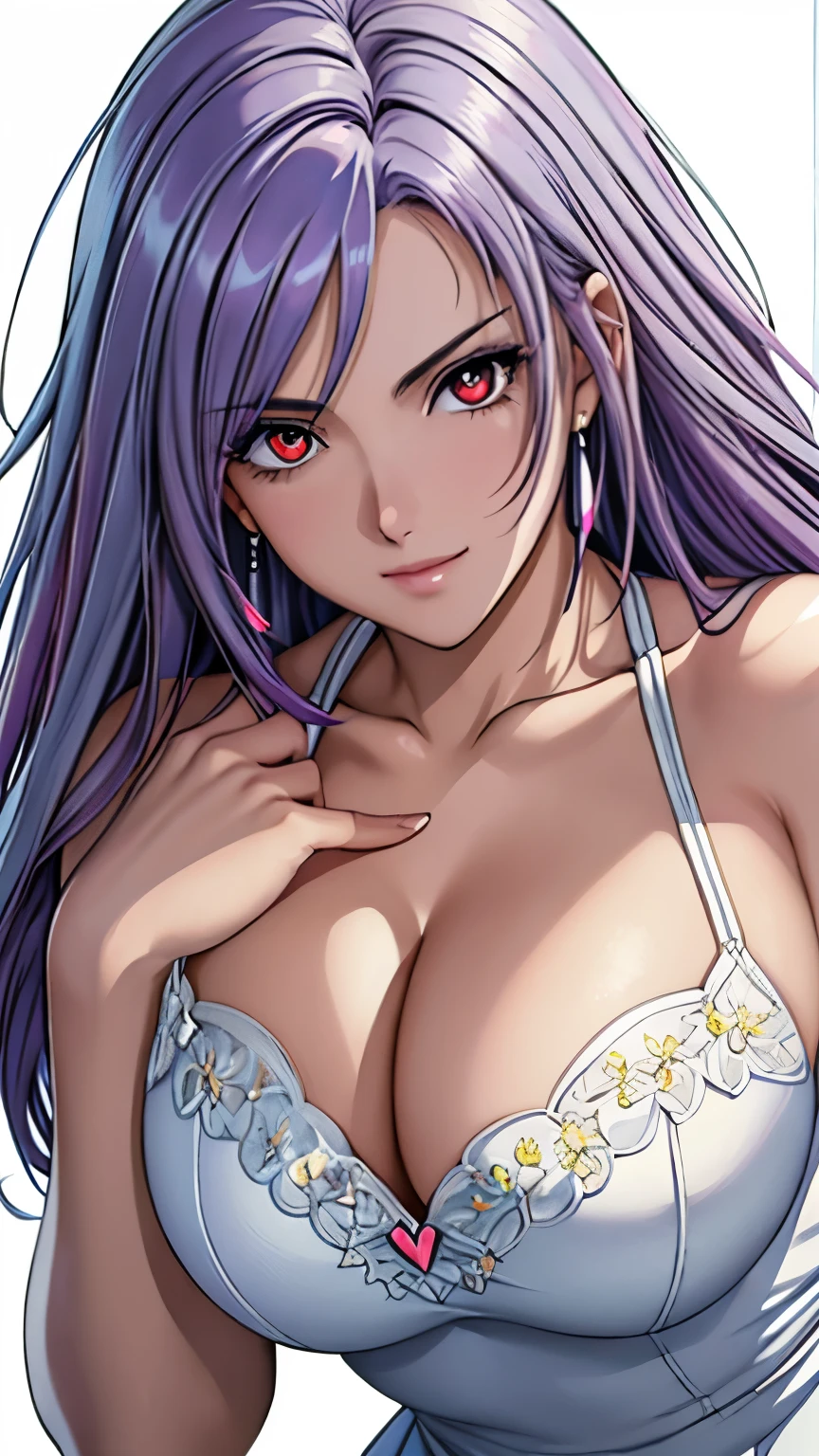 red eyes with slit pupils, (highest quality, masterpiece painting:1.3), immature woman, , (half body shot), masterpiece, ultra high resolution, (Photoreal:1.0), ((light purple hair)),straight hair, beautiful shining hair, white and shining skin, ((Ultra realistic details)), octane rendering, highly detailed face, (big breasts:0.8), (make a heart with hands), (transparent dress, see through dress:1.2), open neckline, cleavage, perfect body, soft skin, White cherry blossom embroidery pattern, silver earrings, (pure white background:1.4), sharp focus, intricate details, professional artwork, (bright colors:1.1), bright colors, diffused lighting, digital blending, ultra-definition body, ultra detail hair, super detailed face, trending on pixiv, top button open, Cute gaze, compensate, perfect lips, perfect compensate, Ultra-precision coating, (light_smile:0.8), (Very embarrassed:1.2), blush your nose,