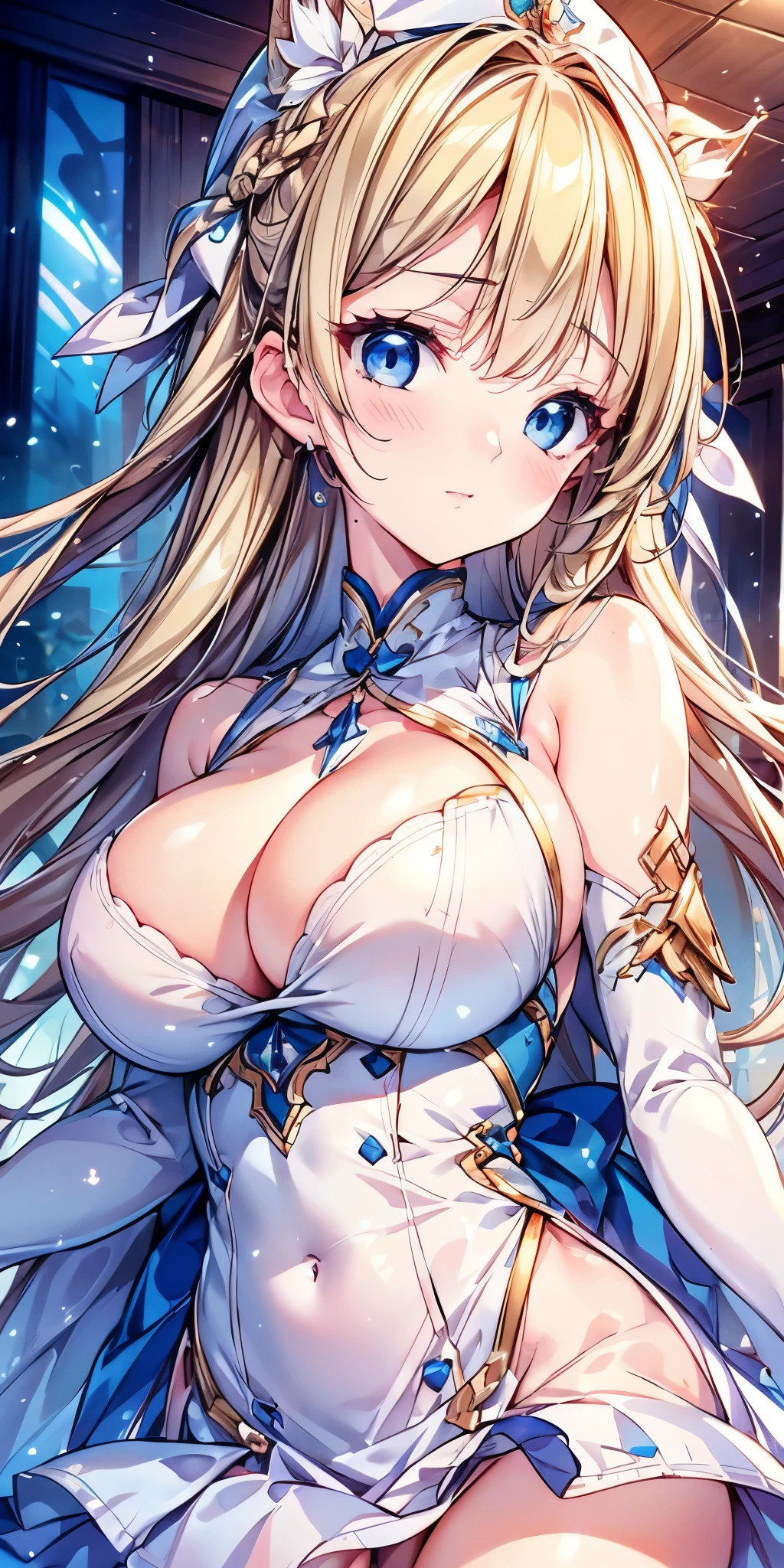 portrait, Practical, blue eyes, Blonde hair, Large Breasts, white clothes, 4K resolution, High quality CG, Beautiful CG, Soft Light,