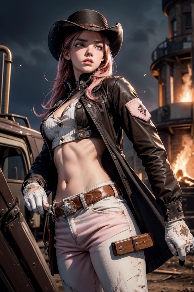 (masterpiece,stunning girlfriend, (standing:1.1), dynamic pose, heart shaped face, elegant face, beautiful face, highly detailed face, highly detailed skin, skin pores, subsurface scattering, realistic pupils, looking at viewer, full lips, detailed background, depth of field, atmospheric perspective, volumetric lighting, sharp focus, absurdres, realistic proportions, good anatomy, (realistic, hyperrealistic:1.4), 16k hdr, neopolitan, neopolitan, long hair, brown hair, (brown eyes:1.3), brown eyes, pink eyes, (heterochromia:1.2), ((two-tone hair, split-color hair, pink hair, brown hair, multicolored hair)), BREAK gloves, hat, navel, detached sleeves, midriff, belt, pants, white gloves, black headwear, bowler hat, fighting pose, BREAK standing outside old steam train, post-apocalypse, dystopian future, crowd, (crowd in military uniforms), bonfires, BREAK looking at viewer, (cowboy shot:1.5), BREAK (masterpiece:1.2), best quality, high resolution, unity 8k wallpaper, (illustration:0.8), (beautiful detailed eyes:1.6), extremely detailed face, perfect lighting, extremely detailed CG, (perfect hands, perfect anatomy)