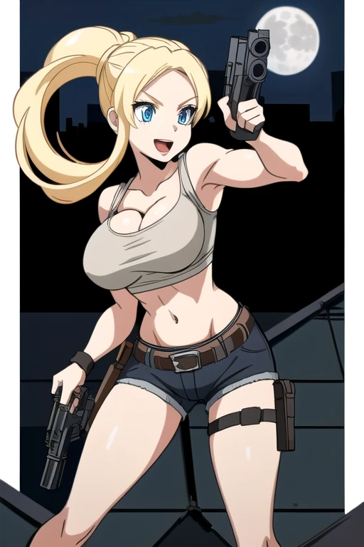 ultra high res, masterpiece, 1girl, solo, IrinaJelaviÄR4, blonde hair, blue eyes, :d, expressive eyes, perfect face, large breast, big breast, small waist, perfect figure, highly detailed, showing cleavage, dressed as lara croft, full body portrait, denim shorts, belt gun holster, black spandex top, black boots, short shorts, black top, mid section exposed, long_hair, navel, open_mouth, holding aiming two pistols in both hands, aiming the guns at the viewer, smile, solo, (Background: Outdoors, on top of a roof, night time, dark blue sky, moon, city skyline in the surroundings)
