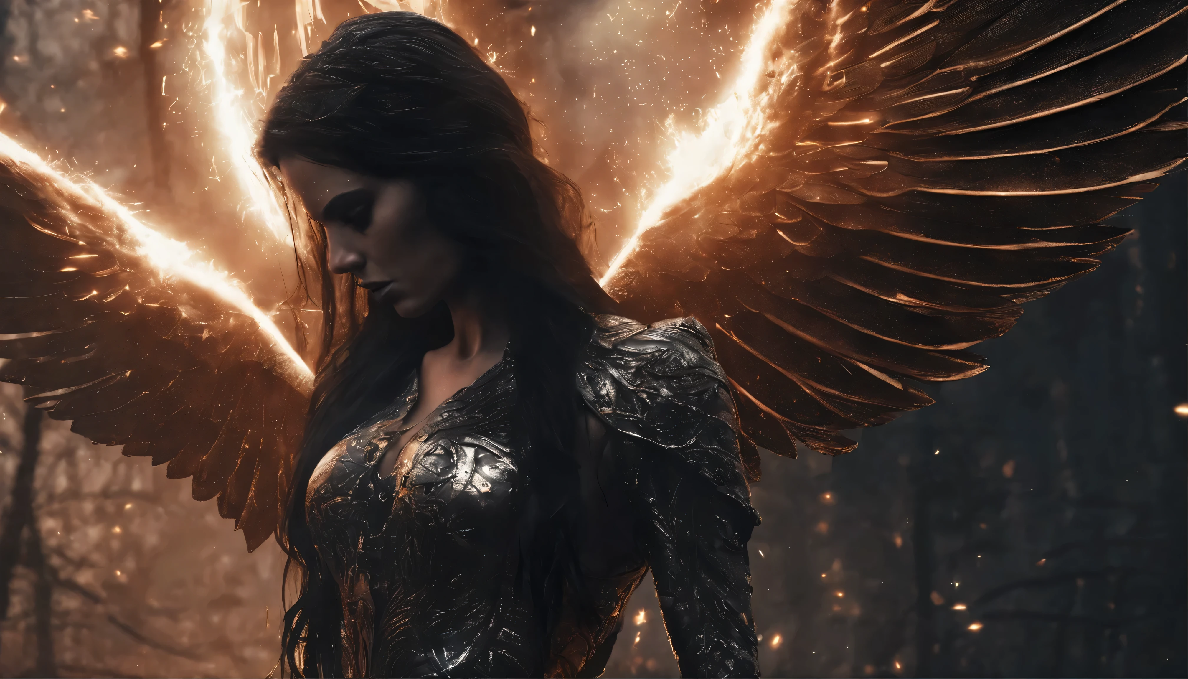 cosmic Angel, evil, ultra realistic, detailed face, dirty face, dirty oiled body, dark hair, fire, inferno, sparks, burningl wings, Biomechanical, dark colors, Light particles, with light glowing, wallpaper art, UHD wallpaper, fire sparks, cinematic view, cinemativ perspektive