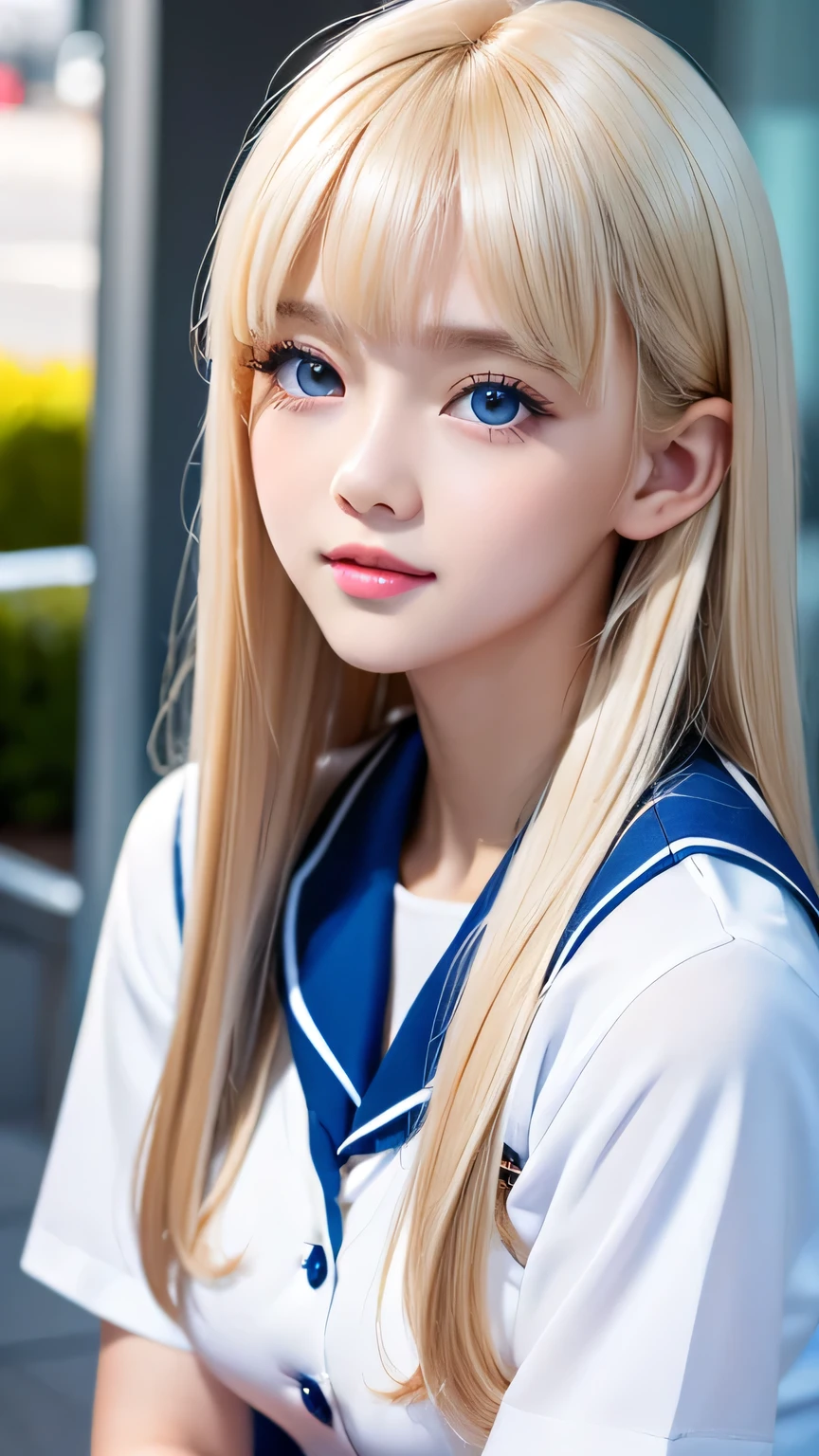 Portrait、(School uniform)、Sailor suit、Bright expression、bangs over eyes、Hair on the face、Younger, brighter, whiter skin、Best Looks、Blonde reflection、Natural platinum blonde hair with dazzling highlights、Shiny bright hair,、Super long, silky straight hair、Shiny beautiful bangs、Sparkling, clear, attractive, big bright blue eyes、A very beautiful, lovely and cute 16 year old girl.、Big and ample breasts、With slits、((The whole body is visible))、Cheek gloss highlighter、Small Face Girl、Round face