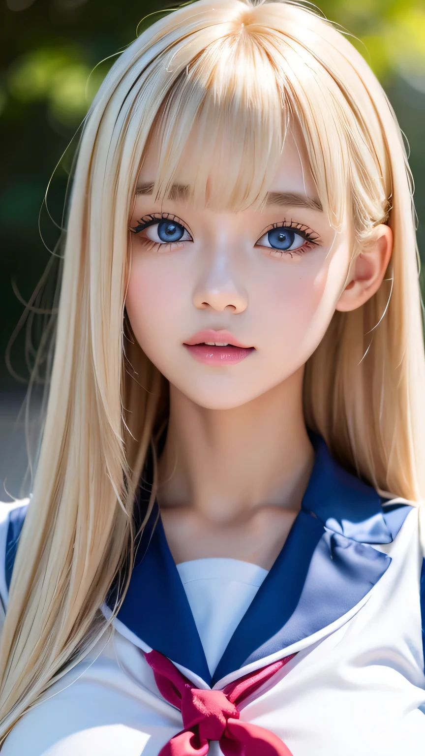 Portrait、(School uniform)、Sailor suit、Bright expression、bangs over eyes、Hair on the face、Younger, brighter, whiter skin、Best Looks、Blonde reflection、Natural platinum blonde hair with dazzling highlights、Shiny bright hair,、Super long, silky straight hair、Shiny beautiful bangs、Sparkling, clear, attractive, big bright blue eyes、A very beautiful, lovely and cute 16 year old girl.、Big and ample breasts、With slits、((The whole body is visible))、Cheek gloss highlighter、Small Face Girl、Round face