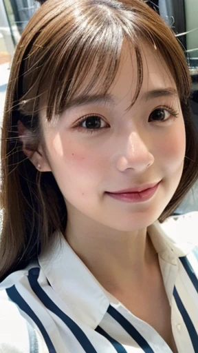 (selfie shot:2), ((small breasts:1.5)), (Close Up:1.3), (from above:1.3),(wearing Striped Shirt:1.3), Emphasize the cleavage, Shy Smile, Sunlight,in room,Top quality, 1 beautiful Japanese woman, ,(18 years old),long Hair, (brown hair:1.5), Wavy Hair,Ultra-realistic capture, Highly detailed, High resolution 16k close-up of human skin. Skin texture must be natural, With such detail that pores can be finely identified. Skin should look healthy, In a uniform tone. Use natural light and color,
