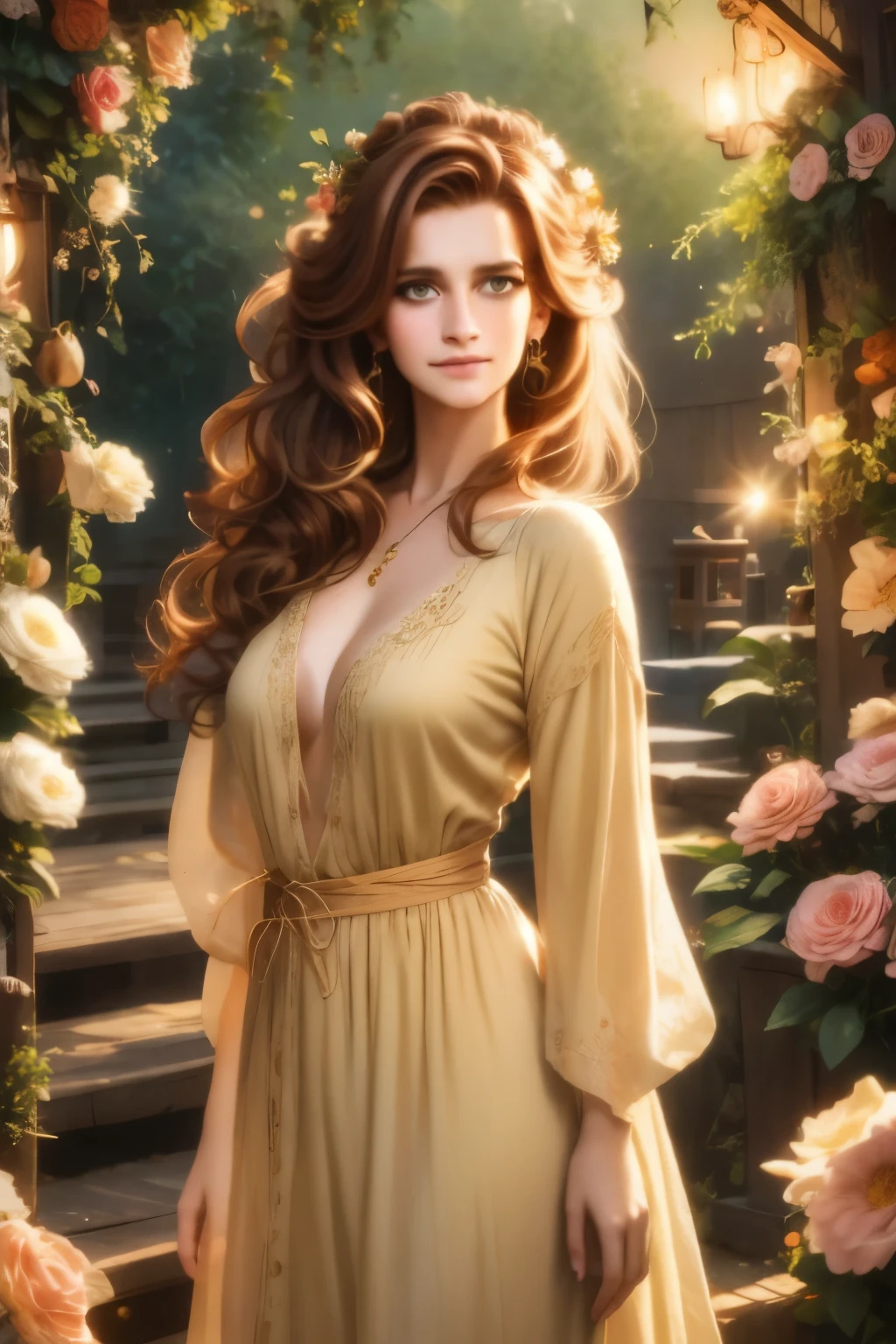 Luma is a elegant person, she is beautiful And have a strong posture, she has breasts that have a voluminous proportion, a pear feminine silhouette, Auburn hair, long Auburn hair, She has expressive eyes, ( Only eyes olive green) Her skin is fair and she has some light freckles on her cheek bones, busty, Farm, Brown rustic clothes, boho clothes, farm boho fashion clothes, romantic vibes, fire lights, fire sparkles, flowers clothes the hair to be half straight and half with curled ends cartoon