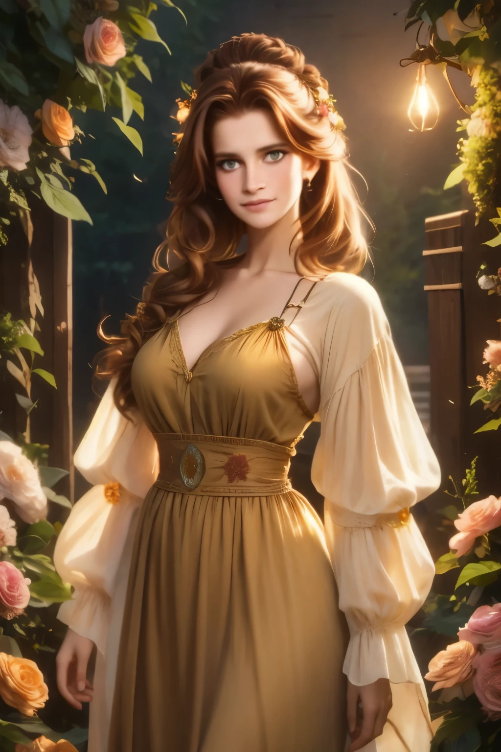 Luma is a elegant person, she is beautiful And have a strong posture, she has breasts that have a voluminous proportion, a pear feminine silhouette, Auburn hair, long Auburn hair, She has expressive eyes, ( Only eyes olive green) Her skin is fair and she has some light freckles on her cheek bones, busty, Farm, Brown rustic clothes, boho clothes, farm boho fashion clothes, romantic vibes, fire lights, fire sparkles, flowers clothes the hair to be half straight and half with curled ends cartoon