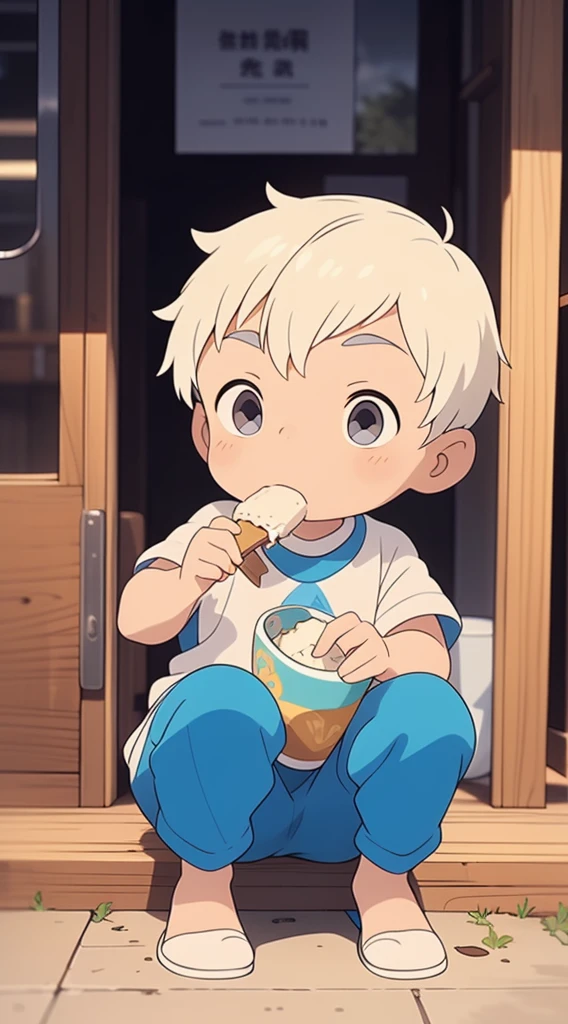 Cute Boy, shota, wearing prince clothes, royalty, royal clothes, ((shota)), short hair, ((boy)), (white hair), grey eyes, ((crouching)), looking at the inside of his thighs, head low, lowered, pointing, curious, shy, eating an water based ice cream, ice cream dripping