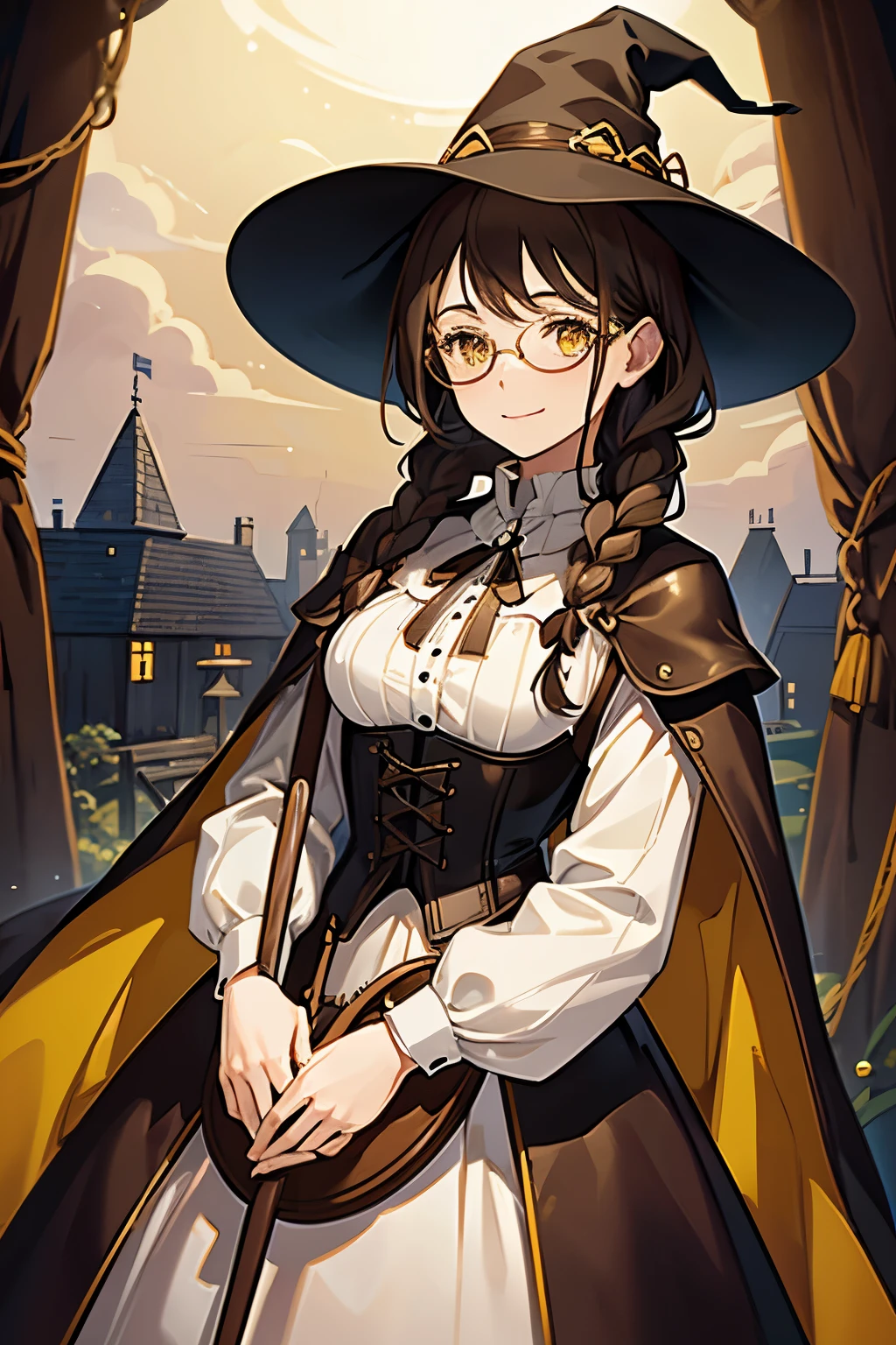 1girl, mature female, brown hair, braided ponytail, yellow eyes, circle glasses, wide brimmed witch hat, long brown dress, corset, bodice, dark brown cloak,leather shoulder bag,  holding wooden staff, smile, standing inside medieval cottage, 8k, masterpiece