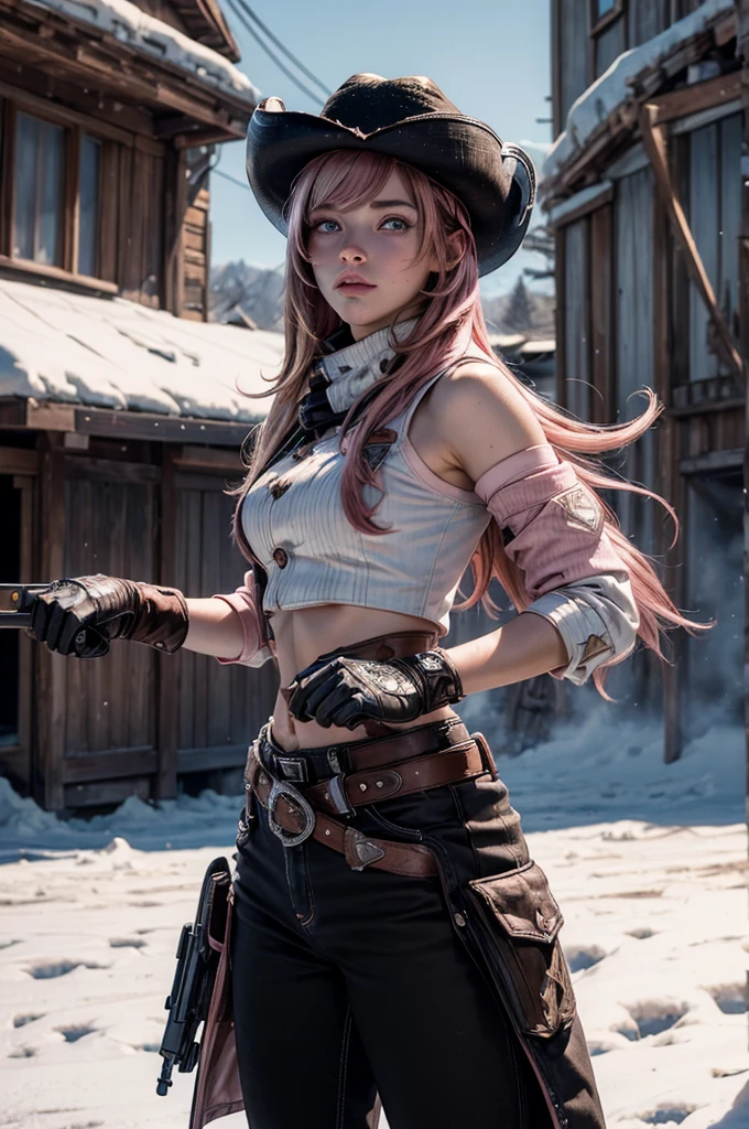 (masterpiece,stunning girlfriend, (standing:1.1), dynamic pose, heart shaped face, elegant face, beautiful face, highly detailed face, highly detailed skin, skin pores, subsurface scattering, realistic pupils, looking at viewer, full lips, detailed background, depth of field, atmospheric perspective, volumetric lighting, sharp focus, absurdres, realistic proportions, good anatomy, (realistic, hyperrealistic:1.4), 16k hdr, neopolitan, neopolitan, long hair, brown hair, (brown eyes:1.3), brown eyes, pink eyes, (heterochromia:1.2), ((two-tone hair, split-color hair, pink hair, brown hair, multicolored hair)), BREAK gloves, hat, navel, detached sleeves, midriff, belt, pants, white gloves, black headwear, bowler hat, fighting pose, BREAK standing outside, old old ski lodge, post-apocalypse, dystopian future, crowd, (crowd in military uniforms), snow, bonfires, BREAK looking at viewer, (cowboy shot:1.5), BREAK (masterpiece:1.2), best quality, high resolution, unity 8k wallpaper, (illustration:0.8), (beautiful detailed eyes:1.6), extremely detailed face, perfect lighting, extremely detailed CG, (perfect hands, perfect anatomy)