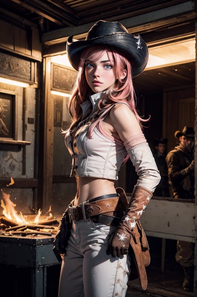 (masterpiece,stunning girlfriend, (standing:1.1), dynamic pose, heart shaped face, elegant face, beautiful face, highly detailed face, highly detailed skin, skin pores, subsurface scattering, realistic pupils, looking at viewer, full lips, detailed background, depth of field, atmospheric perspective, volumetric lighting, sharp focus, absurdres, realistic proportions, good anatomy, (realistic, hyperrealistic:1.4), 16k hdr, neopolitan, neopolitan, long hair, brown hair, (brown eyes:1.3), brown eyes, pink eyes, (heterochromia:1.2), ((two-tone hair, split-color hair, pink hair, brown hair, multicolored hair)), BREAK gloves, hat, navel, detached sleeves, midriff, belt, pants, white gloves, black headwear, bowler hat, fighting pose, BREAK standing outside, old old ski lodge, post-apocalypse, dystopian future, crowd, (crowd in military uniforms), snow,  bonfires, BREAK looking at viewer, (cowboy shot:1.5), BREAK (masterpiece:1.2), best quality, high resolution, unity 8k wallpaper, (illustration:0.8), (beautiful detailed eyes:1.6), extremely detailed face, perfect lighting, extremely detailed CG, (perfect hands, perfect anatomy)