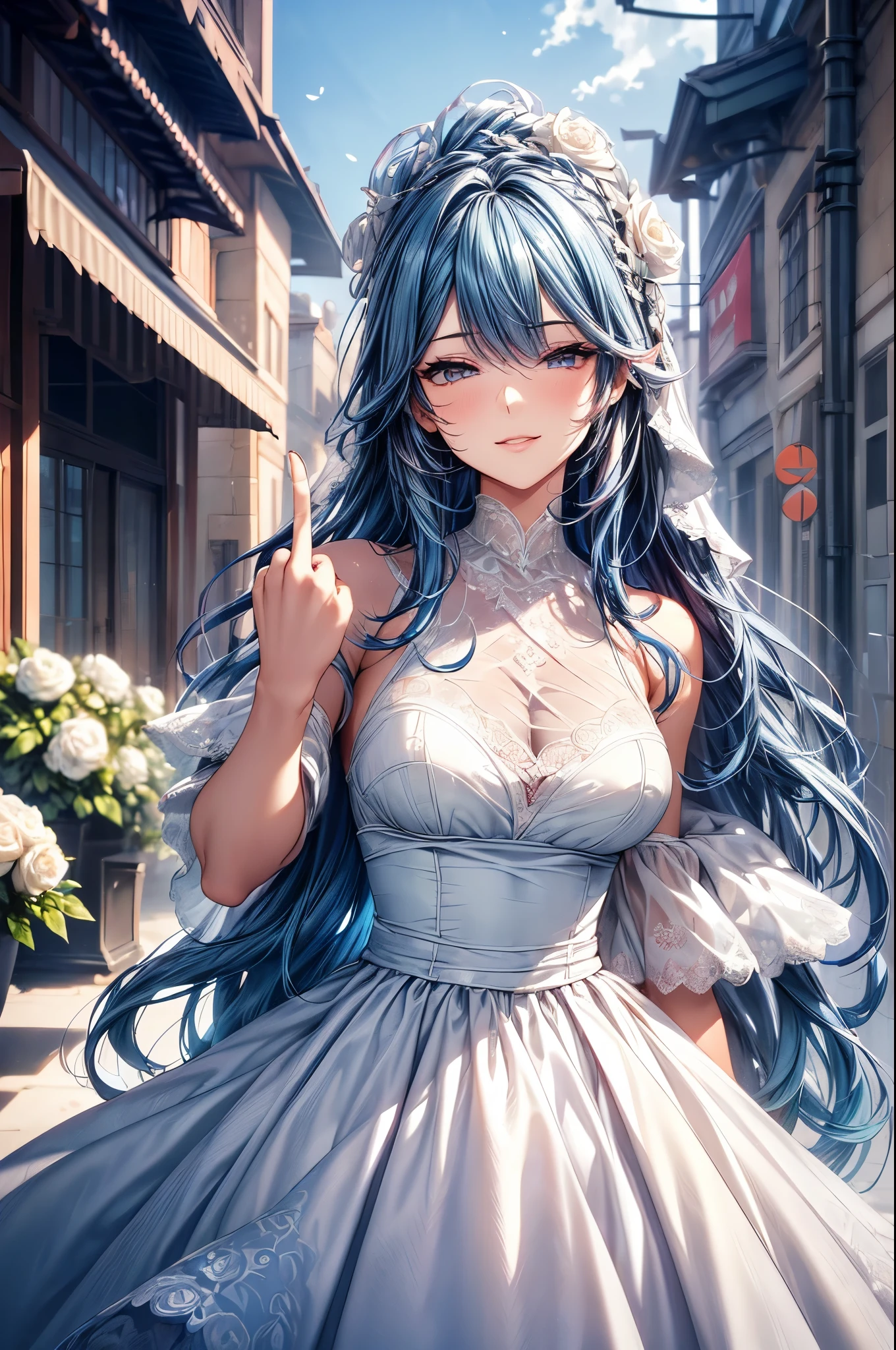(masterpiece, best quality, beautiful and aesthetic:1.3), side view, look back, 1 girl, Happy, smirk, (Dark blue hair Gradient sky blue hair:1.6), Absurdly long hair, half updo half up half down, wavy end, shiny hair, Flowing hair, ( purple eyes), Exquisite eyes, Aqua eyes, Super high detail eyes, long upper eyelashes, cosmetic, focus on face, Very rich facial details, Pretty Face, Perfect breasts, slim body, (The skin texture is delicate:1.2), white Wedding dress, Lace-trimmed dress, transparent, Wedding dress, outdoor, White Rose, garden, morning, Everlasting, Very detailed, Octane Render, (((Thumb up the middle finger)))