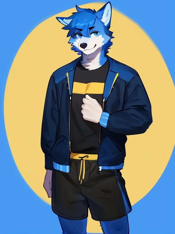By bebebebebe, by lostgoose, by goonie-san, alone, man, wolf, blue and white fur, blue eyes, black and yellow shirt and jacket, shorts, standing, facing the viewer, ((blue hair messy with yellow and black,hairy anthro)),hair,pose,young,