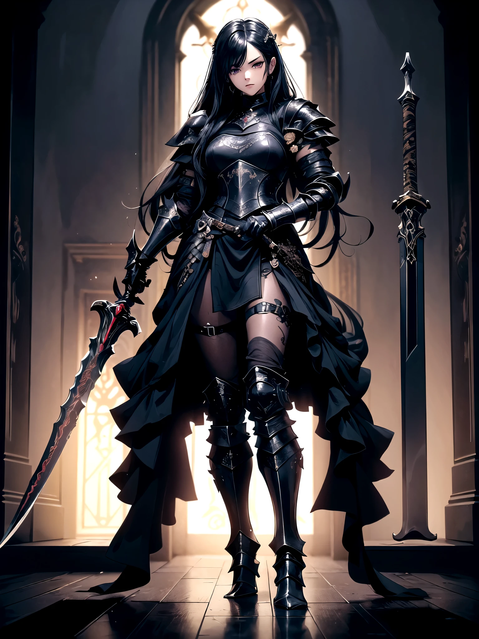 (((masterpiece, best quality, 8k))) Design a layout showcase Gaming character, (1girl),((perfect face, high detailed face)). Black+Gold clothes, opulent and dark, ((showcase weapon:1.4)), cursed blade, (masterpiece:1.2), (best quality), 4k, ultra-detailed, (Step by step design, layout art:1.5), (gloomy lighting, cursed atmosphere), dark knight, ((cursed gloves)), (((revealing armor:1.3))), dark vambraces, cursed boots, (((full_body_shot:1.4)))
