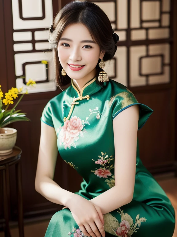 A woman in a green dress takes a photo, Cheongsam, Chinese dress, traditional chinese, traditional chinese clothing, Chinese style, Chinese dress, Chinese woman, with ancient Chinese clothes, สวมชุดCheongsamสีน้ำเงิน, Chinese girl, silk dress, สวมChinese dressโบราณ, สวมเสื้อผ้าatสวยงาม, with ancient Chinese aesthetics, สวมsilk dressหรูหรา 3D, สวยงามrealistic delicate, Masterpiece, Beautiful and detailed, colorful, exquisite details,ริมฝีปากatละเอียด, intricate details, (1 woman:1.1), (a gorgeous beautiful 30 age years old sexy Chinese woman:1.1),(Chinese), (Tie your hair:1.1), (50mm. Sigma F/1.4 ZEISS lenses, f1.4, 1/800, ISO100, photography:1.1), big breast,(realistic:1.1), alone, look_at_viewer, tall woman, ,happy smile, from_front, earring, thin_leg, thin, ต้นleg_space, model, lens flare,(Cheongsamผ้าไหม, floral pattern, ) ,squatting cowgirl position, vagina, throw, silk gloves