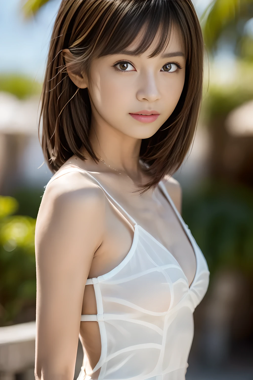 (Masterpiece:1.3), (8K), (Best Quality:1.4), (UHD:1.2), (Photorealistic:1.3), (Raw Photography), (1girl), (Ultra High Detailed), (Detailed face), very perfect beautiful and cute face, (Detailed hair), Beautiful hair, bangs, (symmetrical eyes:1.3), (Detailed eyes), (Detailed skin), Realistic skin, shiny skin, Ultra high definition, (slim figure), (super model figure), 27yo, (Layered haircut:1.3),
( white dress, ingricate stitching, high detailes ), on the beach, Palm trees, plumeria