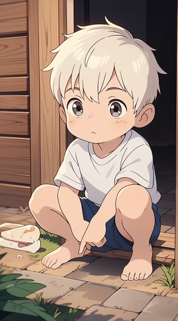 Cute Boy, shota, wearing prince clothes, royalty, royal clothes, ((shota)), short hair, ((boy)), (white hair), grey eyes, ((crouching)), looking at the ground, head low, lowered, pointing at a bug on the ground, curious, shy, eating an water based ice cream, ice cream dripping