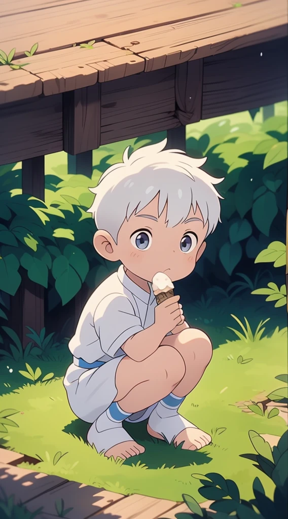 Cute Boy, shota, wearing prince clothes, royalty, royal clothes, ((shota)), short hair, ((boy)), (white hair), grey eyes, ((crouching)), looking at the ground, head low, lowered, pointing at a bug on the ground, curious, shy, eating an water based ice cream, ice cream dripping