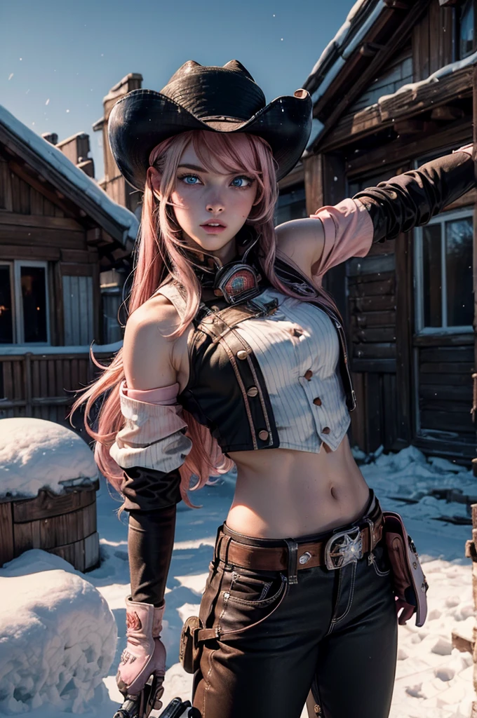 (masterpiece,stunning girlfriend, (standing:1.1), dynamic pose, heart shaped face, elegant face, beautiful face, highly detailed face, highly detailed skin, skin pores, subsurface scattering, realistic pupils, looking at viewer, full lips, detailed background, depth of field, atmospheric perspective, volumetric lighting, sharp focus, absurdres, realistic proportions, good anatomy, (realistic, hyperrealistic:1.4), 16k hdr, neopolitan, neopolitan, long hair, brown hair, (brown eyes:1.3), brown eyes, pink eyes, (heterochromia:1.2), ((two-tone hair, split-color hair, pink hair, brown hair, multicolored hair)), BREAK gloves, hat, navel, detached sleeves, midriff, belt, pants, white gloves, black headwear, bowler hat, fighting pose, BREAK standing outside, old old ski lodge, post-apocalypse, dystopian future, crowd, (crowd in military uniforms), snow, bonfires, BREAK looking at viewer, (cowboy shot:1.5), BREAK (masterpiece:1.2), best quality, high resolution, unity 8k wallpaper, (illustration:0.8), (beautiful detailed eyes:1.6), extremely detailed face, perfect lighting, extremely detailed CG, (perfect hands, perfect anatomy)