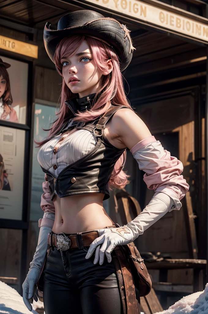 (masterpiece,stunning girlfriend, (standing:1.1), dynamic pose, heart shaped face, elegant face, beautiful face, highly detailed face, highly detailed skin, skin pores, subsurface scattering, realistic pupils, looking at viewer, full lips, detailed background, depth of field, atmospheric perspective, volumetric lighting, sharp focus, absurdres, realistic proportions, good anatomy, (realistic, hyperrealistic:1.4), 16k hdr, neopolitan, neopolitan, long hair, brown hair, (brown eyes:1.3), brown eyes, pink eyes, (heterochromia:1.2), ((two-tone hair, split-color hair, pink hair, brown hair, multicolored hair)), BREAK gloves, hat, navel, detached sleeves, midriff, belt, pants, white gloves, black headwear, bowler hat, fighting pose, BREAK standing outside, old old ski lodge, post-apocalypse, dystopian future, crowd, (crowd in military uniforms), snow, bonfires, BREAK looking at viewer, (cowboy shot:1.5), BREAK (masterpiece:1.2), best quality, high resolution, unity 8k wallpaper, (illustration:0.8), (beautiful detailed eyes:1.6), extremely detailed face, perfect lighting, extremely detailed CG, (perfect hands, perfect anatomy)
