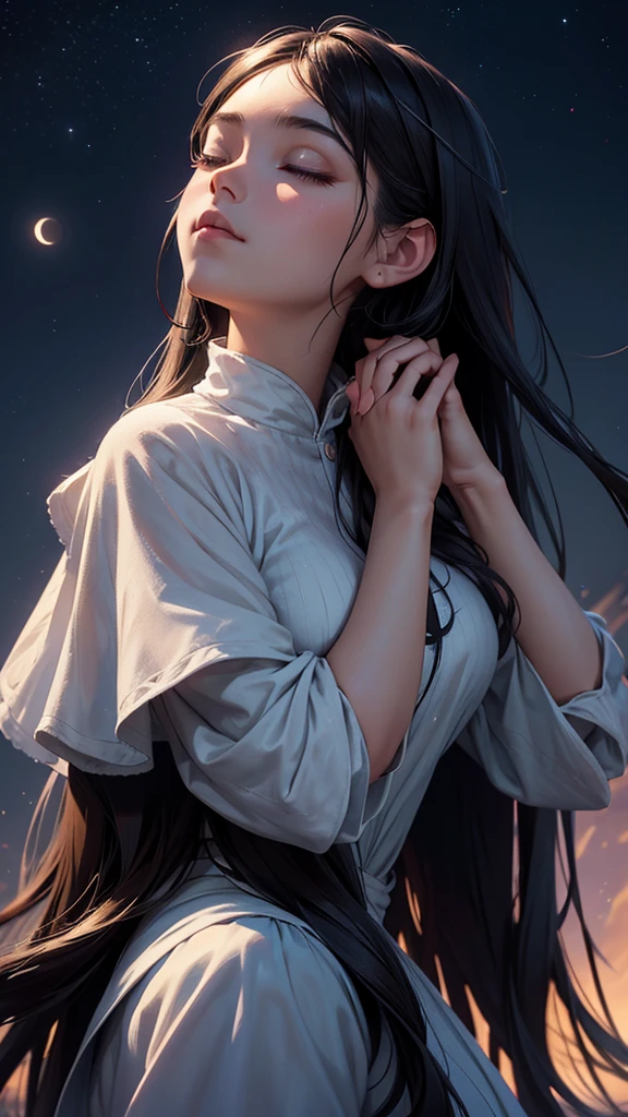 a beautiful night sky, full moon, moonlight, twinkling stars, 1girl looking up in the sky, eyes closed, praying hands, long dark hair, dreamy expression, soft lighting, muted colors, atmospheric, cinematic, hyper detailed, intricate, photorealistic, masterpiece, 8k, upper body