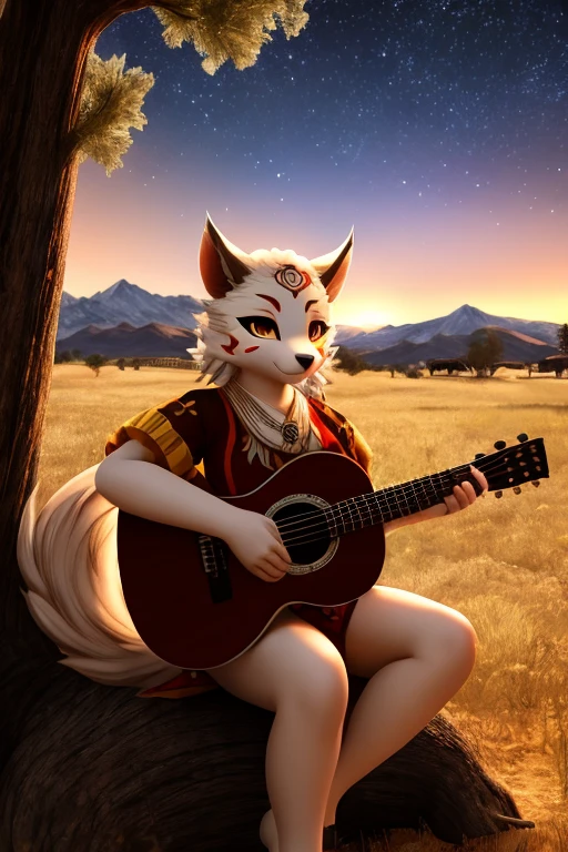 Okami Amanterasu diosa del sol furry, con ropa de vaquero, Sitting in a tree playing the guitar under the starlight, in the old west with a view of the mountains in the background, beautiful and cute furry, HD 3D 4k