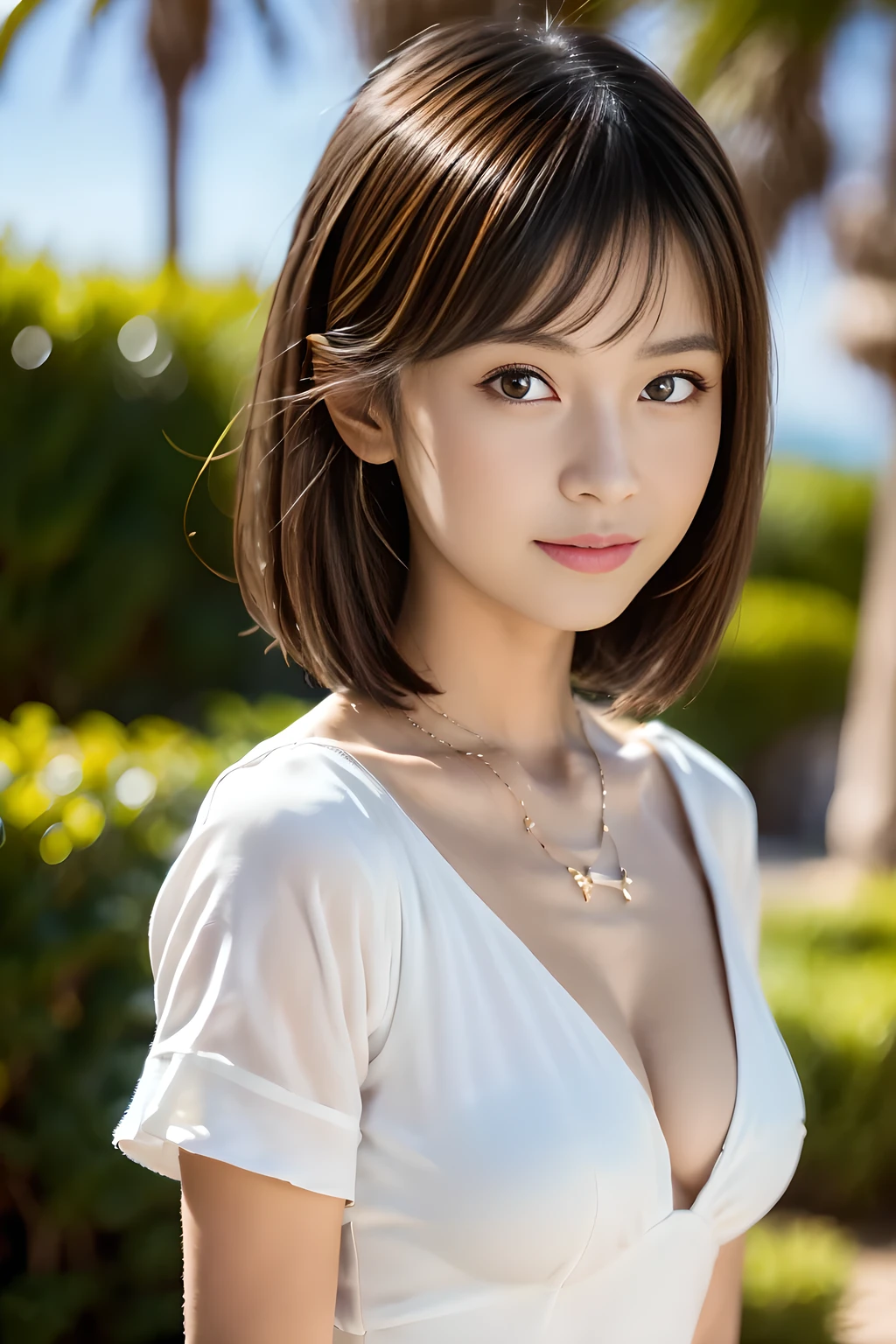 (Masterpiece:1.3), (8K), (Best Quality:1.4), (UHD:1.2), (Photorealistic:1.3), (Raw Photography), (1girl), (Ultra High Detailed), (Detailed face), very perfect beautiful and cute face, (Detailed hair), Beautiful hair, bangs, (symmetrical eyes:1.3), (Detailed eyes), (Detailed skin), Realistic skin, shiny skin, Ultra high definition, (slim figure), (super model figure), 27yo, (Layered haircut:1.3),
( white dress, ingricate stitching, high detailes ), on the beach, Palm trees, plumeria