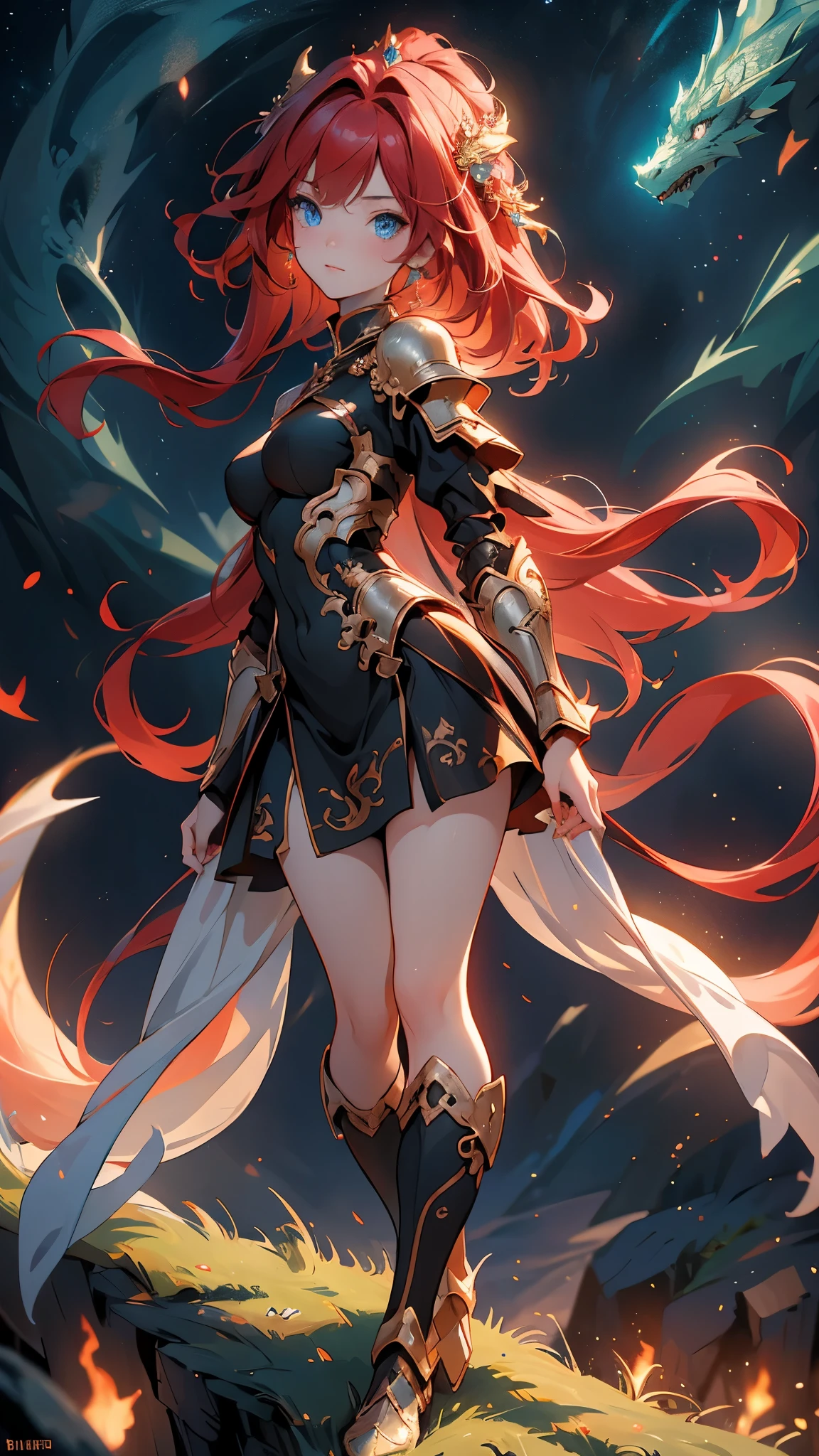 (masterpiece), (best quality), (high uqality), (8k), girl, (full-body), dragon armor, intricate details, red glow, short shilver hair, back messy hair, detailed hair strands, light blue eyes, dominance expression, walking in lesser caotic place as she rule the world, fire background, and dragons in the night sky, fierce aura, (high quality ilumination)