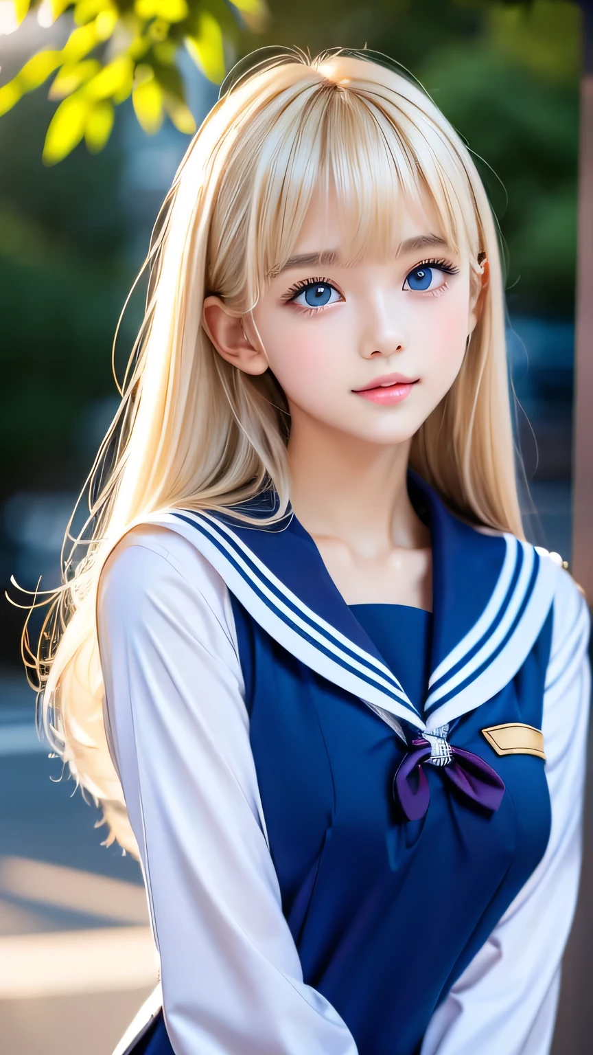 Portrait、(School uniform)、Sailor suit、Bright expression、bangs over eyes、Hair on the face、Younger, brighter, whiter skin、Best Looks、Blonde reflection、Natural platinum blonde hair with dazzling highlights、Shiny bright hair,、Super long, silky straight hair、Shiny beautiful bangs、Sparkling, clear, attractive, big bright blue eyes、A very beautiful, lovely and cute  girl.、Big and ample breasts、With slits、((The whole body is visible))、Cheek gloss highlighter、Small Face Girl、Round face