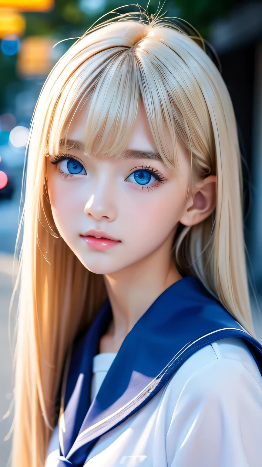 Portrait、(School uniform)、Sailor suit、Bright expression、bangs over eyes、Hair on the face、Younger, brighter, whiter skin、Best Looks、Blonde reflection、Natural platinum blonde hair with dazzling highlights、Super long straight silky hair、Shiny bright hair,、Super long, silky straight hair、Shiny beautiful bangs、Sparkling, clear, attractive, big bright blue eyes、A very beautiful, lovely and cute 16 year old girl.、Big and ample breasts、With slits、((The whole body is visible))、Cheek gloss highlighter、Small Face Girl、Round face