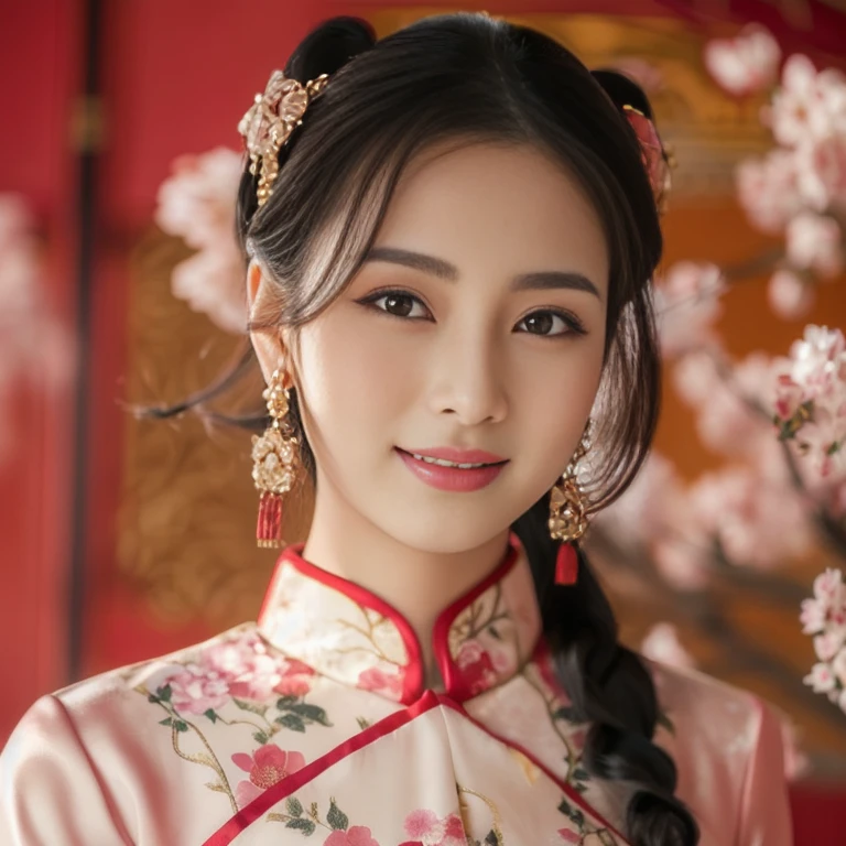 Asian arab woman in traditional dress with red umbrella, palace ， a girl in Hanfu, Chinese style, traditional chinese, Chinese girl, Chinese woman, traditional beauty, traditional chinese clothing, Chinese princess, with ancient Chinese clothes, สวมChinese dressโบราณ, Hanfu, Chinese dress, Chinese dress, Cheongsam, โมเดลจีนatงดงาม3D, สวยงามrealistic delicate, Masterpiece, Beautiful and detailed, colorful, exquisite details,ริมฝีปากatละเอียด, intricate details, (1 woman:1.1), (a gorgeous beautiful 30 age years old sexy Chinese woman:1.1),(Chinese), (Tie your hair:1.1), (50mm. Sigma F/1.4 ZEISS lenses, f1.4, 1/800, ISO100, photography:1.1), big breast,(realistic:1.1), alone,  look_at_viewer, tall woman, ,happy smile,  from_front, earring, model, lens flare,(Cheongsamผ้าไหม, floral pattern, ) ,squatting cowgirl position, vagina, 