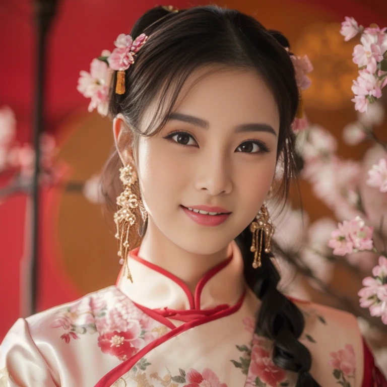 Asian arab woman in traditional dress with red umbrella, palace ， a girl in Hanfu, Chinese style, traditional chinese, Chinese girl, Chinese woman, traditional beauty, traditional chinese clothing, Chinese princess, with ancient Chinese clothes, สวมChinese dressโบราณ, Hanfu, Chinese dress, Chinese dress, Cheongsam, โมเดลจีนatงดงาม3D, สวยงามrealistic delicate, Masterpiece, Beautiful and detailed, colorful, exquisite details,ริมฝีปากatละเอียด, intricate details, (1 woman:1.1), (a gorgeous beautiful 30 age years old sexy Chinese woman:1.1),(Chinese), (Tie your hair:1.1), (50mm. Sigma F/1.4 ZEISS lenses, f1.4, 1/800, ISO100, photography:1.1), big breast,(realistic:1.1), alone,  look_at_viewer, tall woman, ,happy smile,  from_front, earring, model, lens flare,(Cheongsamผ้าไหม, floral pattern, ) ,squatting cowgirl position, vagina, 