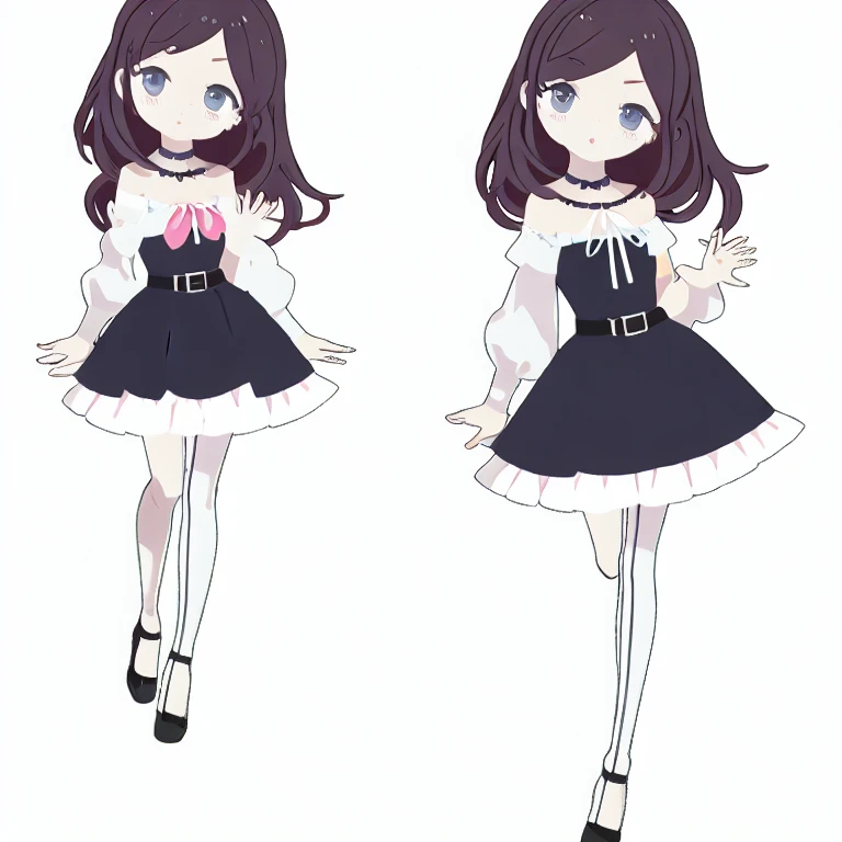(masterpiece, best quality:1.2), 1girl,bangs,black choker,black footwear,blue dress,blush,choker,collarbone,dress,frills,long sleeves,looking at viewer,medium hair,pantyhose,shoes,short hair,solo,standing,white legwear,side thighs,off-shoulder sleeves