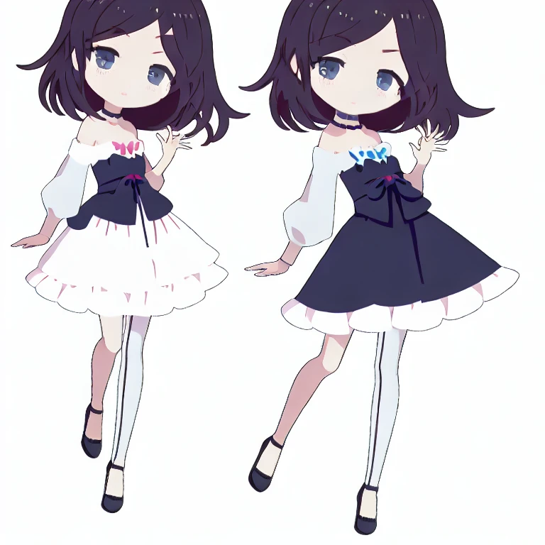 (masterpiece, best quality:1.2), 1girl,bangs,black choker,black footwear,blue dress,blush,choker,collarbone,dress,frills,long sleeves,looking at viewer,medium hair,pantyhose,shoes,short hair,solo,standing,white legwear,side thighs,off-shoulder sleeves