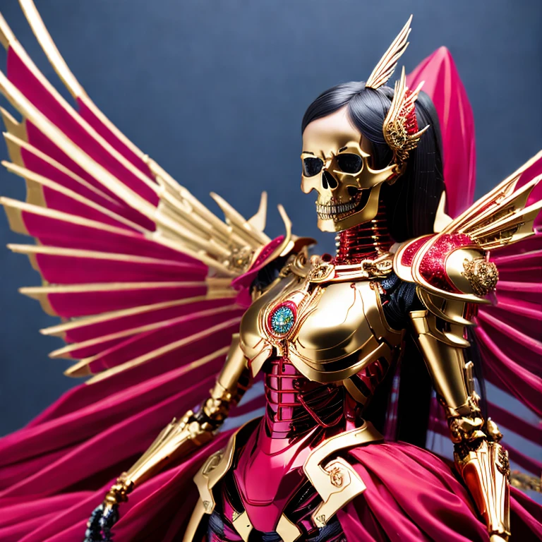 araffe skeleton in a red and gold costume with wings, saint skeleton queen, red demon armor, lady in red armor, wearing a skeleton armor, holy cyborg necromancer girl, hone onna skeleton geisha, ( highly detailed figure ), goddess of death, masami kurumada, the other a skeletal figure, skeletal, scary queen of death，((（one  女）))