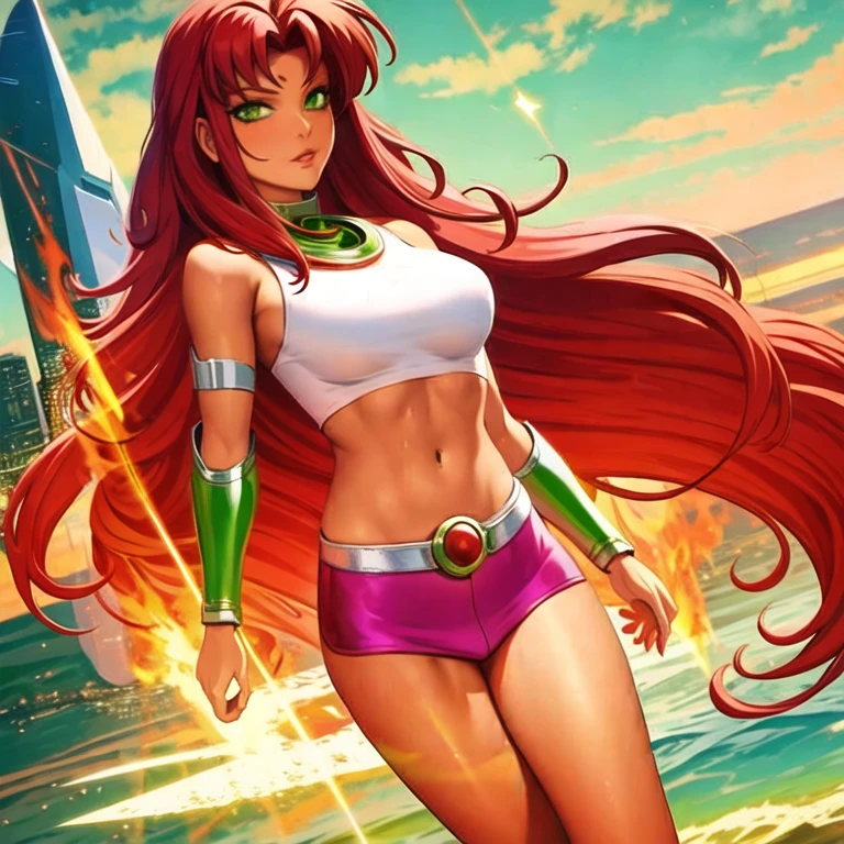 (masterpiece, best quality:1.2), 1girl, solo, colored skin, red hair, very long hair, green eyes, flame, jewelry, crop top, purple clothes, starfire