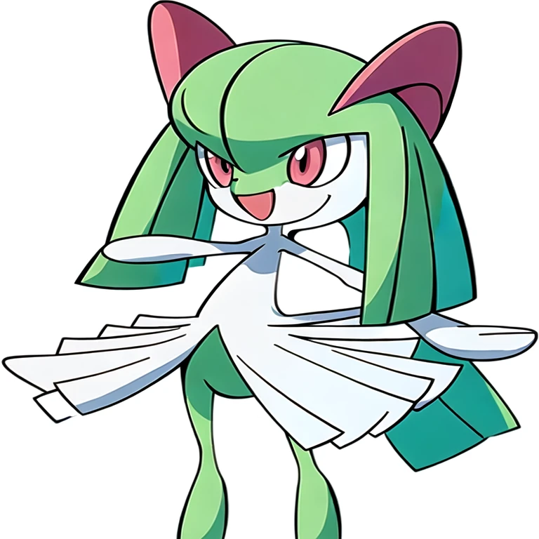 (masterpiece, best quality:1.2),solo,kirlia \(pokemon\),pokemon \(creature\),full body,no humans,bangs,green hair,happy,red eyes,standing,white skin,smile