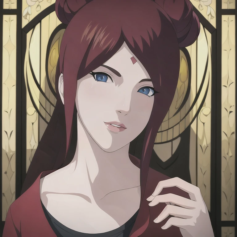 (masterpiece, absurd, best quality, intricate details, complex lighting, play of light and shadow, high resolution:1.3), Destructive shot, extremely detailed CG Unity wallpaper 8k,16k, detailed skin, detailed face, detailed eyes, beautiful eyes, beautiful face,1woman, solo, perfect woman, beautiful woman, model appearance, red hair, 2 red hair buns, black eyes