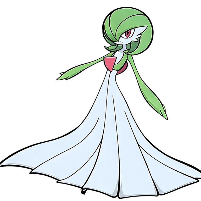 (masterpiece, best quality:1.2),solo,gardevoir \(pokemon\),pokemon \(creature\),full body,no humans,bangs,green hair,happy,red eyes,standing,white skin,smile,bob cut