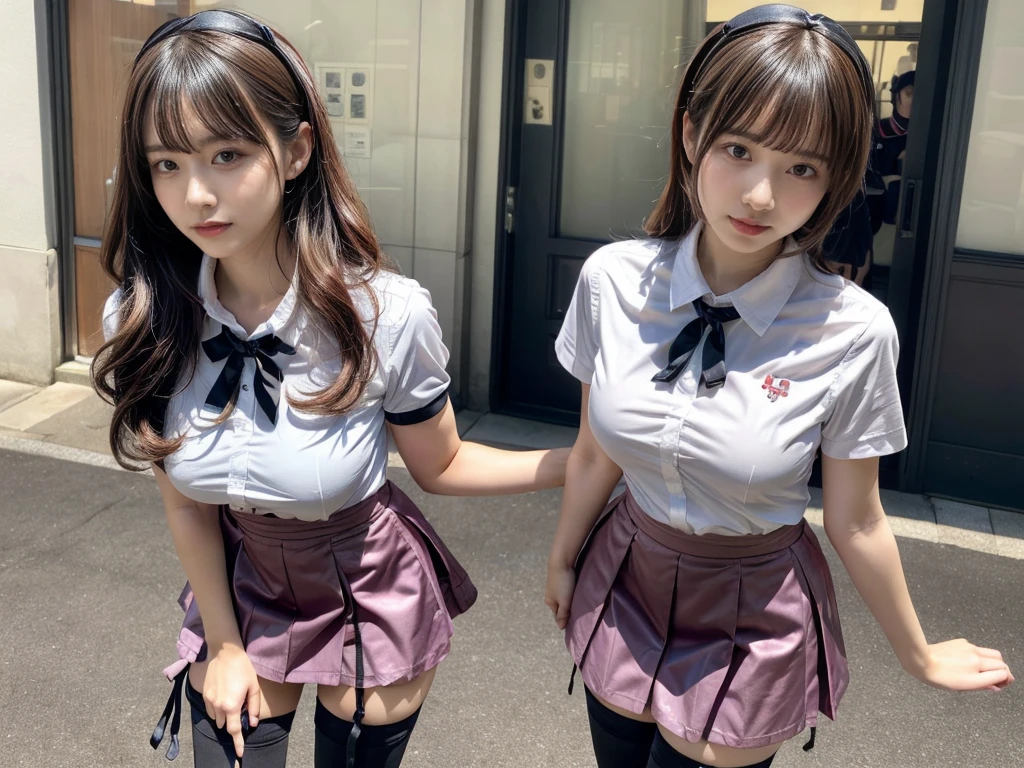 master piece, best quality, illustration, Super detailed, fine details, High resolution, 8K,wall paper, perfect dynamic composition,(Details High quality, realistic depiction of eyes:1.3), (2girls), standing, short hair, (wavy hair:1.2), (short sleeve collared dress shirt,tight skirt,thighhighs,zettai ryouiki:1.4), black hair color, Big Natural Color Lip, bold sexy pose, crying a little, Harajuku style、acrobatic pose, 20 year old girl、cute type、lolita、beautiful legs, gravure idol, Japanese idol, huge breasts
