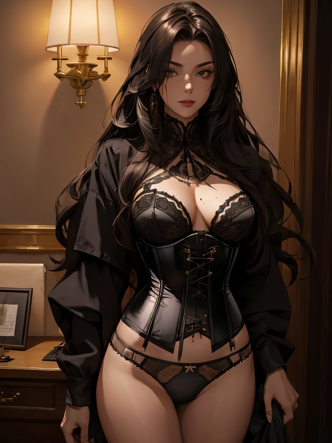 (highest quality, masterpiece: 1.1), (Faithfulness: 1.4), 1 girl, Upper Body, Long Hair, 5 star hotels, Black corset, Dirty clothes, panties