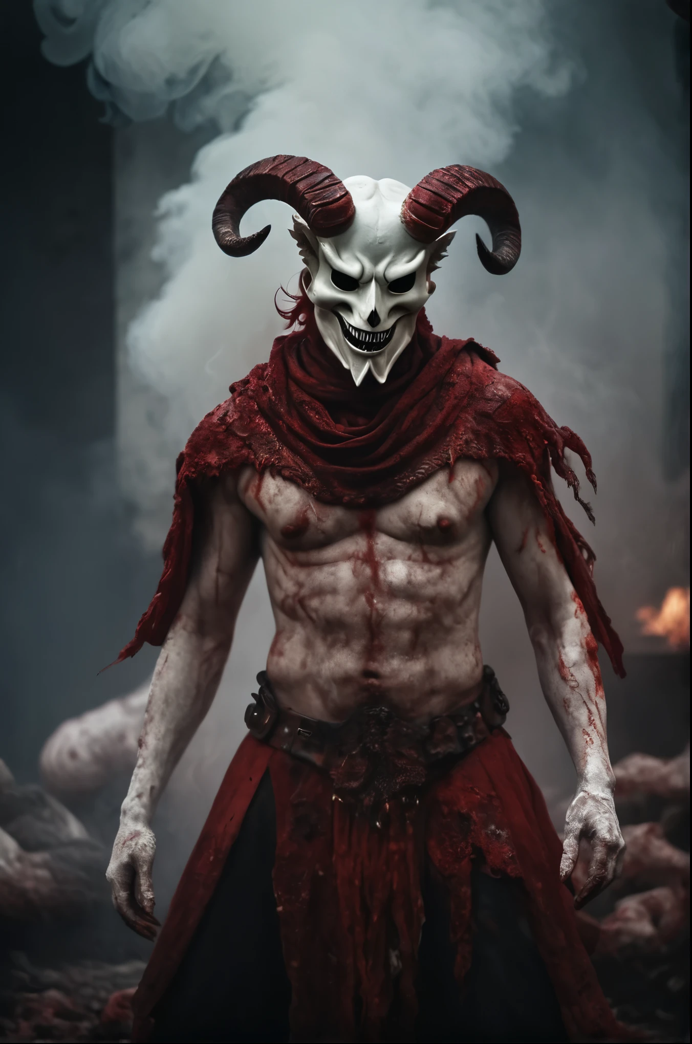 Horror-themed cinematic film still,a horrifying red-skinned male demon king, (((wearing a scary white mask))),(full body portrait:1.3), (detailed scaly skin texture:1.2), (((ram curved horns))), (in hell, swirling tormented souls, billowing smoke:1.5), long wavy red hair, (((slavic black full clothes))), medieval scarf, monster claws,, shallow depth of field, vignette, highly detailed, high budget, bokeh, cinemascope, moody, epic, gorgeous, film grain, grainy . Eerie, unsettling, dark, spooky, suspenseful, grim, highly detailed