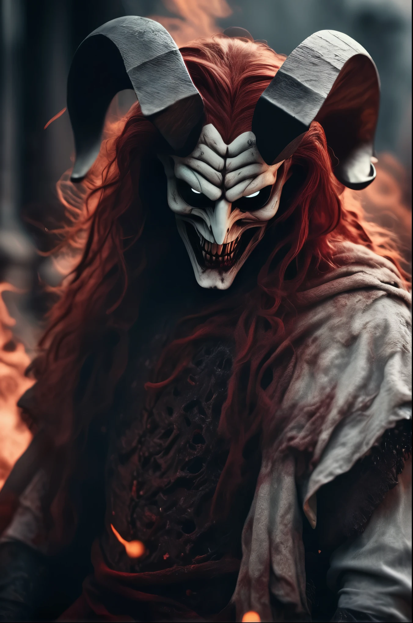 Horror-themed cinematic film still,a horrifying red-skinned male demon king, (((wearing a scary white mask))),(full body portrait:1.3), (detailed scaly skin texture:1.2), (((ram curved horns))), (in hell, swirling tormented souls, billowing smoke:1.5), long wavy red hair, (((slavic black full clothes))), medieval scarf, monster claws,, shallow depth of field, vignette, highly detailed, high budget, bokeh, cinemascope, moody, epic, gorgeous, film grain, grainy . Eerie, unsettling, dark, spooky, suspenseful, grim, highly detailed