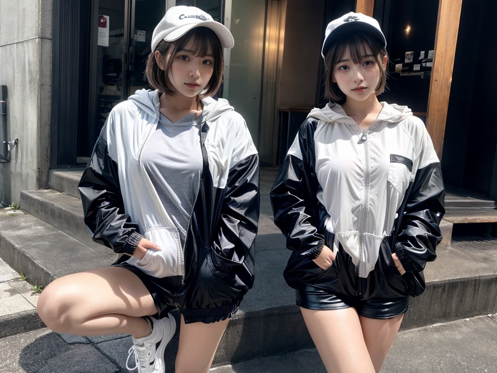 Masterpiece, 8K, award-winning photos, photorealistic, realistic, ultra detailed, ultra high definition, ray tracung, _ the most beautiful, 22 years old ,(sexy,Japanese idol, gray hair, short hair),shiny skin , detailed skin , detailed face , perfect ???????, 1girl～2girls,
_
BREAK (droopy eyes, Natural makeup:1.2),light color, huge breasts, 
_
glowing blue eyes, tan skin,
_
BREAK (black and White theme:1.4), (oversized and baggy black outerwear:1.3), (fusion of black windbreaker and White hoodie:1.4), (black Nylon:1.4), ((zipper, large pocket):1.3), BREAK (black and white :1.2), (black platform high-cut sneakers:1.2),(Black leather short pants),(baseball cap),
 Inorganic concrete studio with windows, highly detailed background, , ultra-realistic textures, dramatic lighting ,raw photo, _(dutch angle and curtsey ,on side:1.2), looking at viewer,