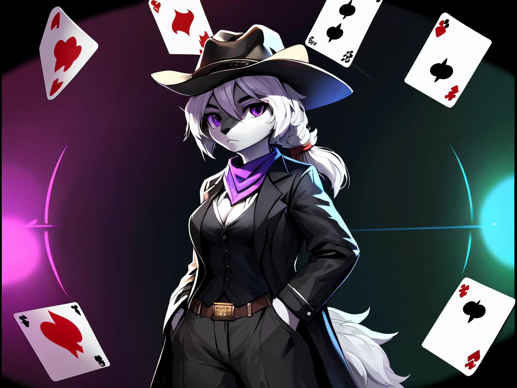 fox, female, solo, white hair, ponytail, ((grey fur)), (purple eyes), (breasts), ((black gambler clothes)), (((large cowboy hat))), (((black cowboy hat))), purple handkerchief, card background, card frame, casino background, hands in pockets, Very good figure, best quality, highres, 16k, Natural soft light, Tyndall effect, Advanced film lighting, Unreal Engine5, Extremely realistic, A high resolution, perfect masterpiece, high quality, high resolution