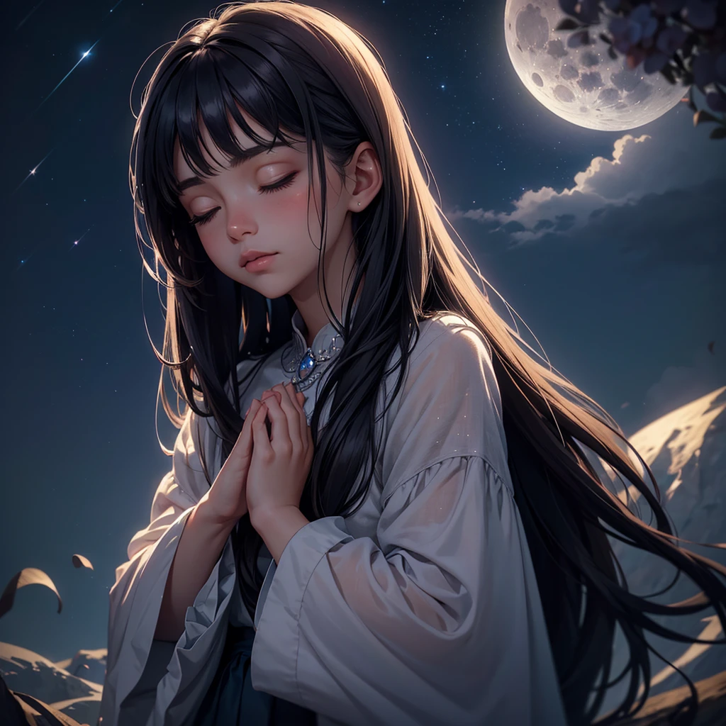 a beautiful night sky, full moon, moonlight, twinkling stars, 1girl looking up in the sky, eyes closed, praying hands, long dark hair, dreamy expression, soft lighting, muted colors, atmospheric, cinematic, hyper detailed, intricate, photorealistic, masterpiece, 8k, upper body