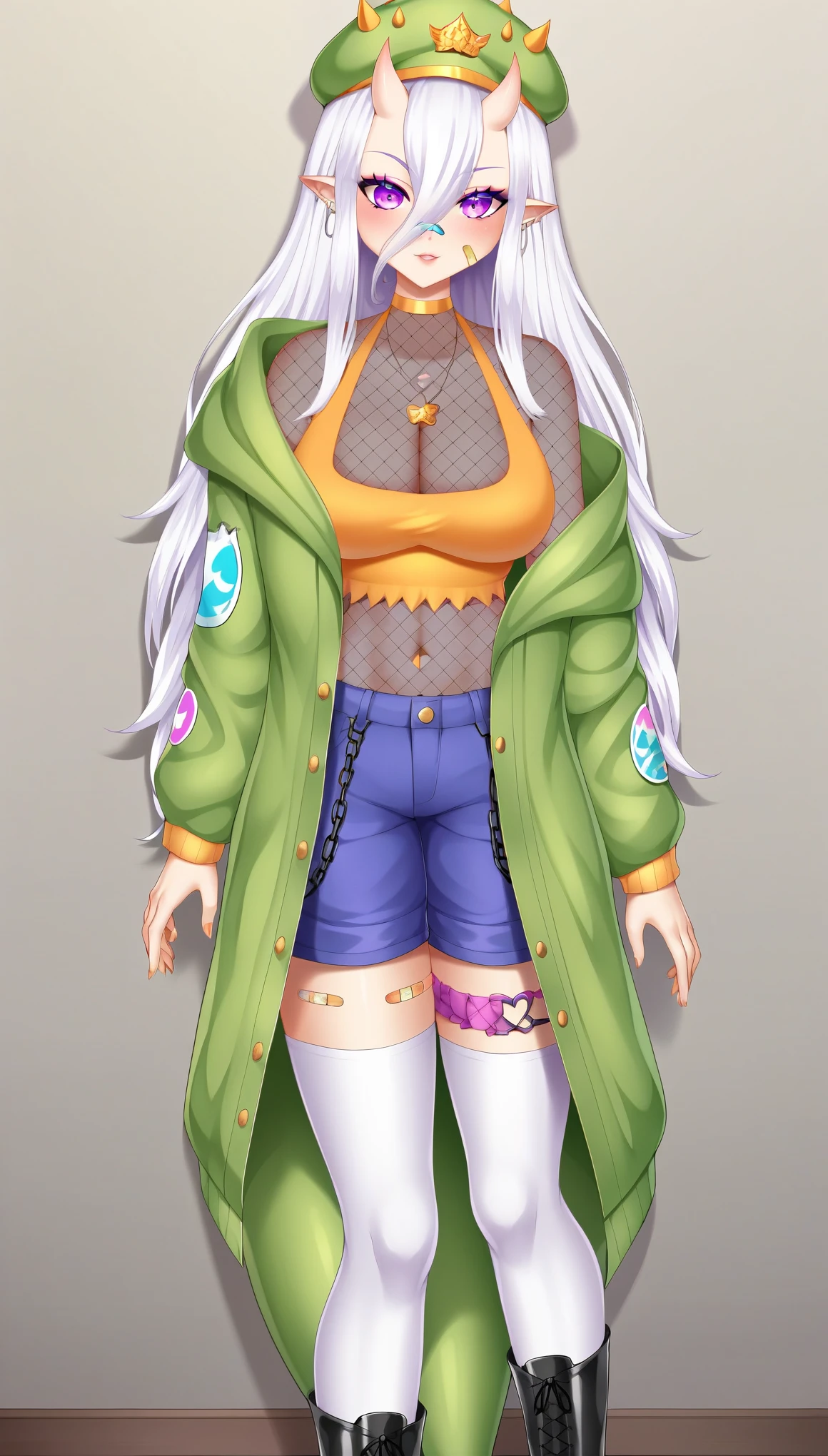 RawrRinaVTXL, earrings, bandaid on face, bandaid on nose, purple eyes, white hair, hair between eyes, long hair, pointy ears, oni horns, large breasts, hat, necklace with jewelry, choker, green jacket, fishnets, cleavage, yellow midriff, navel, blue shorts, bandaid on thigh, white thighhighs, single pink thigh strap, black boots, (solo), standing, looking at viewer, indoors