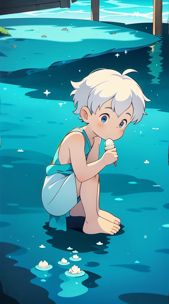 Cute Boy, shota, wearing prince clothes, royalty, royal clothes, ((shota)), short hair, ((boy)), (white hair), grey eyes, ((crouching)), looking at the ground, head low, lowered, pointing at a bug on the ground, curious, shy, eating an water based ice cream, ice cream dripping